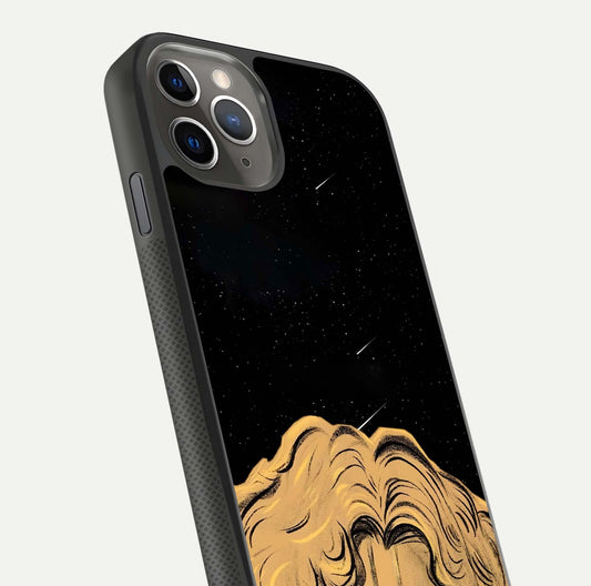 Celestial God’s Plan Glass Case for iPhone 11 Pro Max side-angle image showing gloss, camera frame, and cosmic tones