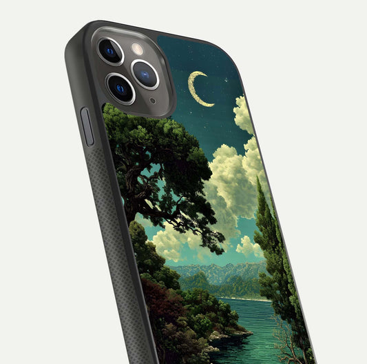 Celestial Lake Peace Glass Case for iPhone 11 Pro Max side-angle image displaying reflective glow and gentle edges