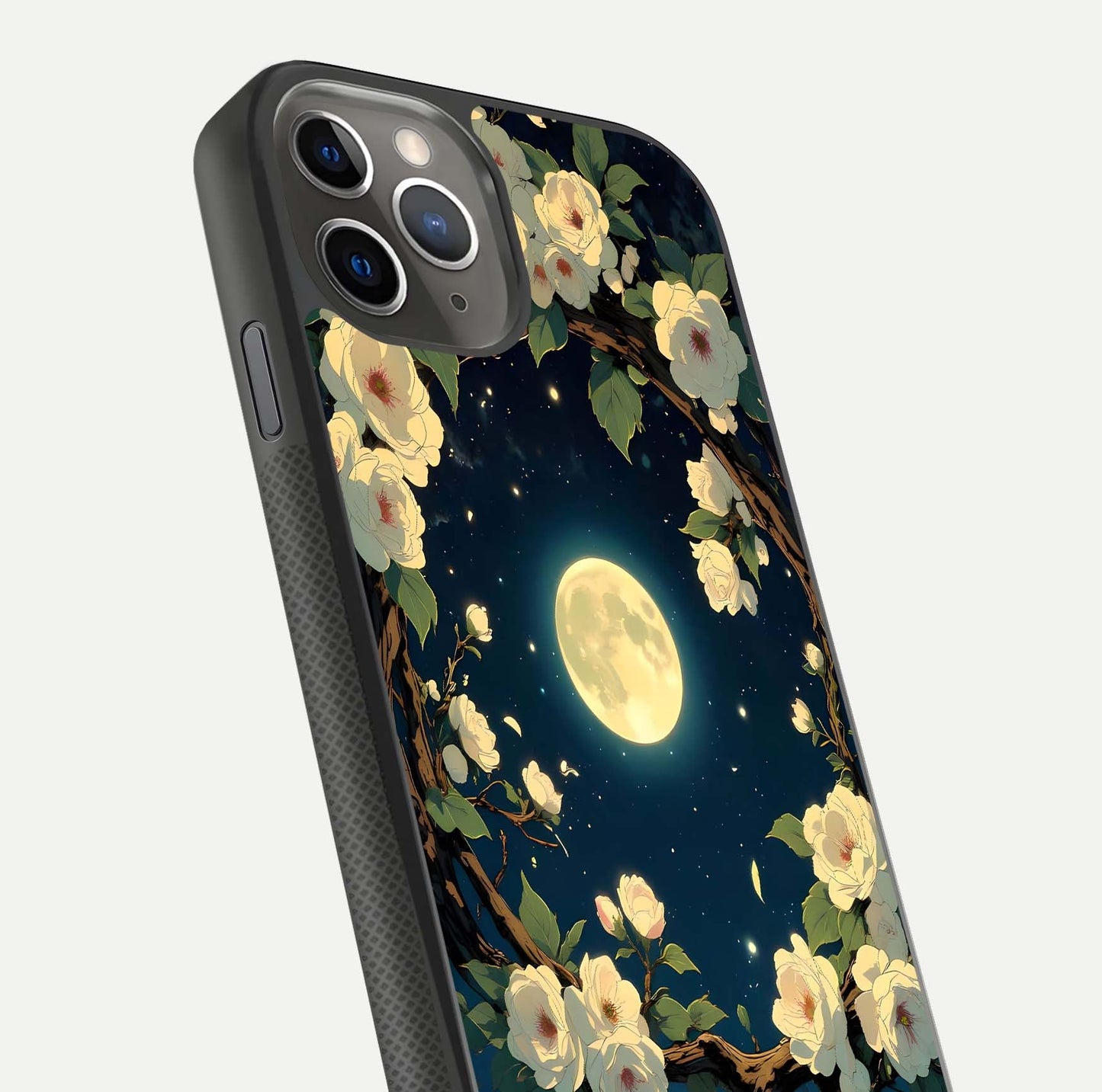 Celestial Moon & Flower Glass Case for iPhone 11 Pro Max side-angle image showing edge smoothness and glow reflection