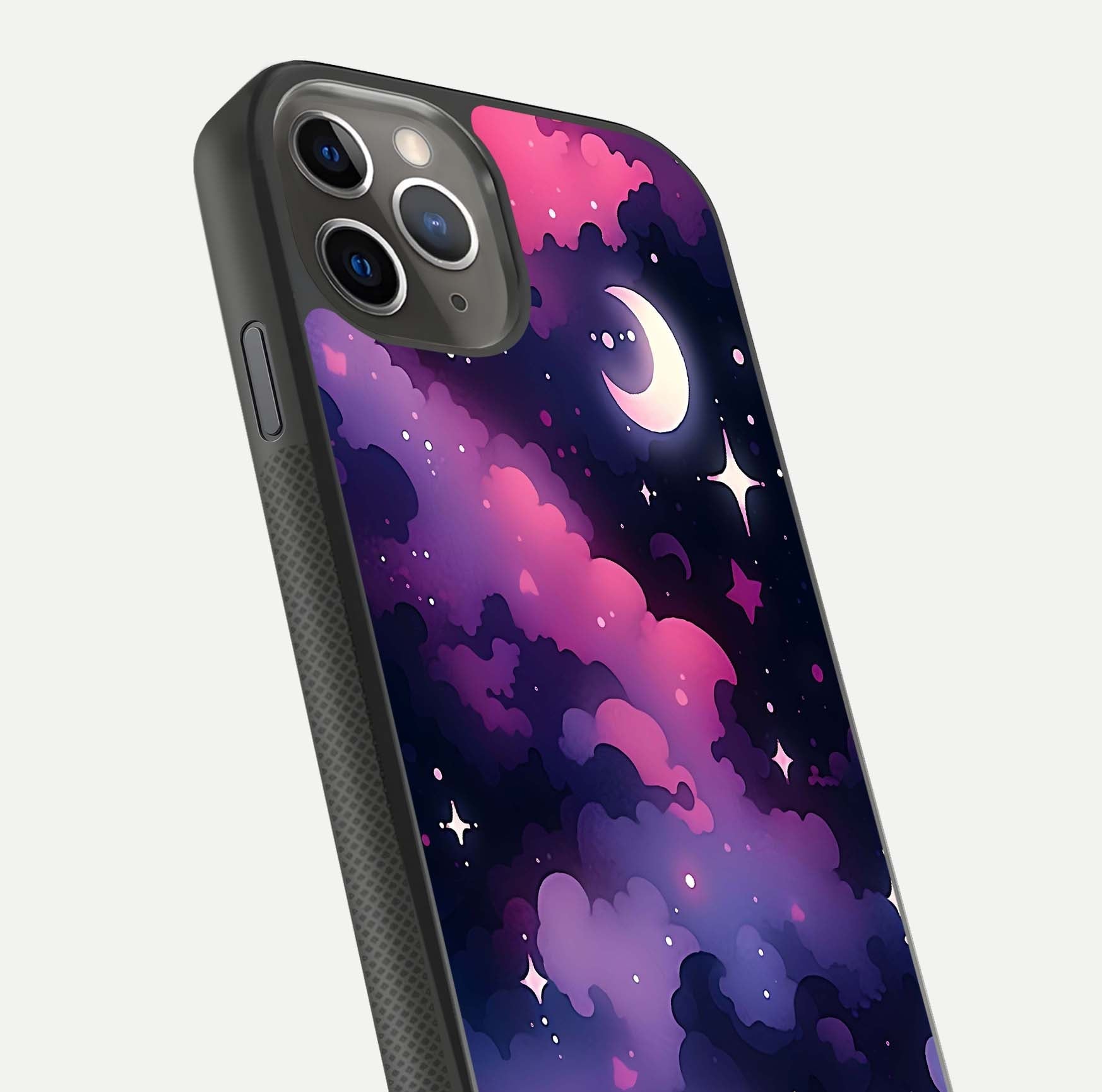 Celestial Moon Magic Glass Case for iPhone 11 Pro Max side-angle shot capturing soft reflection and curved gloss