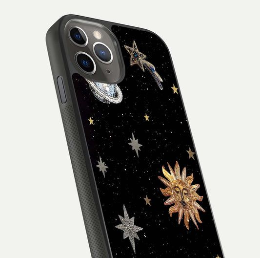 Celestial Moon With Stars Glass Case for iPhone 11 Pro Max side-angle view showing curved edges and shimmer glow