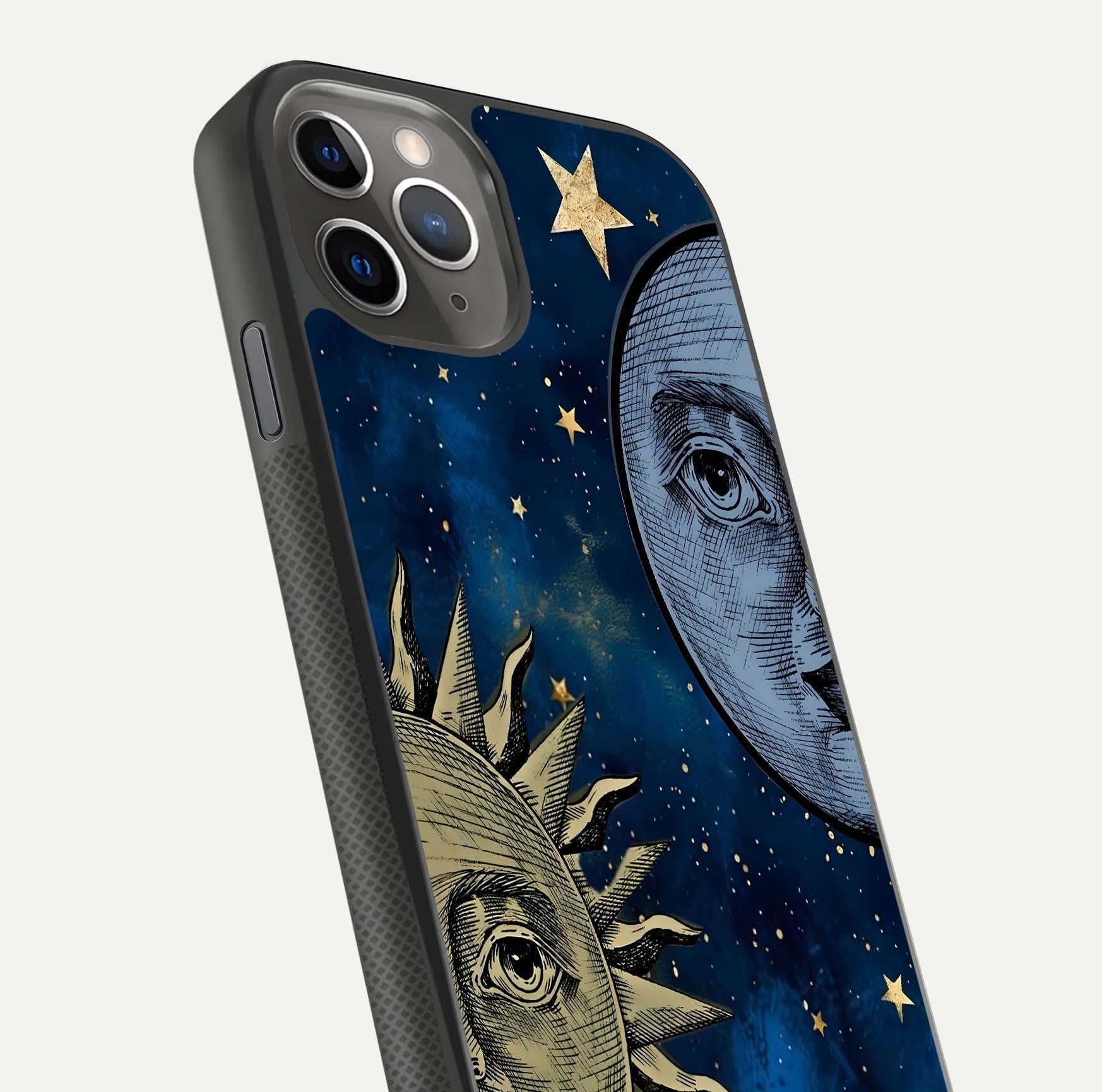 Celestial Moon With Sun Glass Case for iPhone 11 Pro Max side-angle image showing reflection tones and cosmic edge
