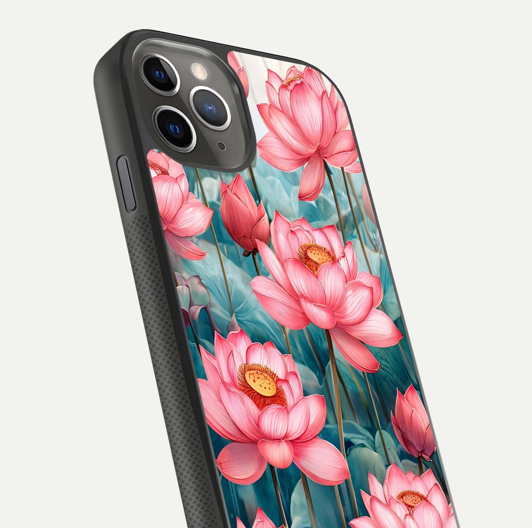 Celestial Pink Lotus Glass Case for iPhone 11 Pro Max side-angle image showing reflective shine and petal curve