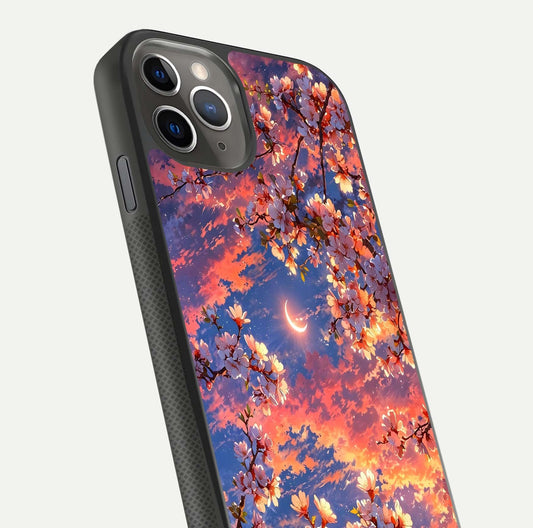Celestial Sakura Sunset Glass Case for iPhone 11 Pro Max side-angle image showing edge glow and petal texture