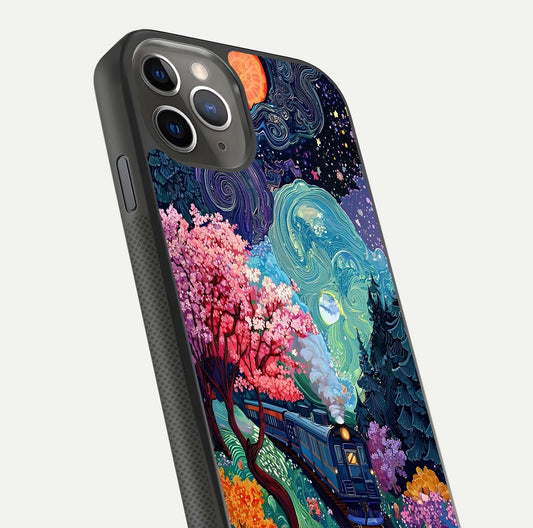 Celestial Train Journey Glass Case for iPhone 11 Pro Max side-angle image showing polished curve and HD print detail