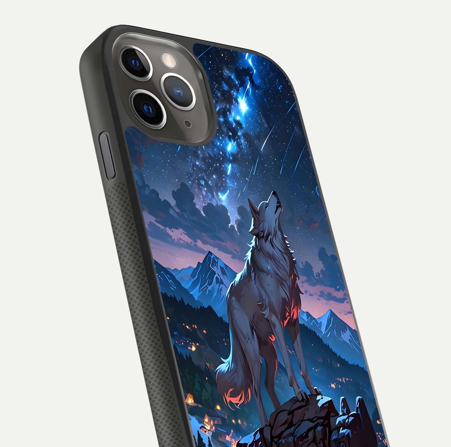 Celestial Wolf Howl Glass Case for iPhone 11 Pro Max side-angle image showing curve polish and moon glow