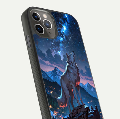 Celestial Wolf Howl Glass Case for iPhone 11 Pro Max side-angle image showing curve polish and moon glow