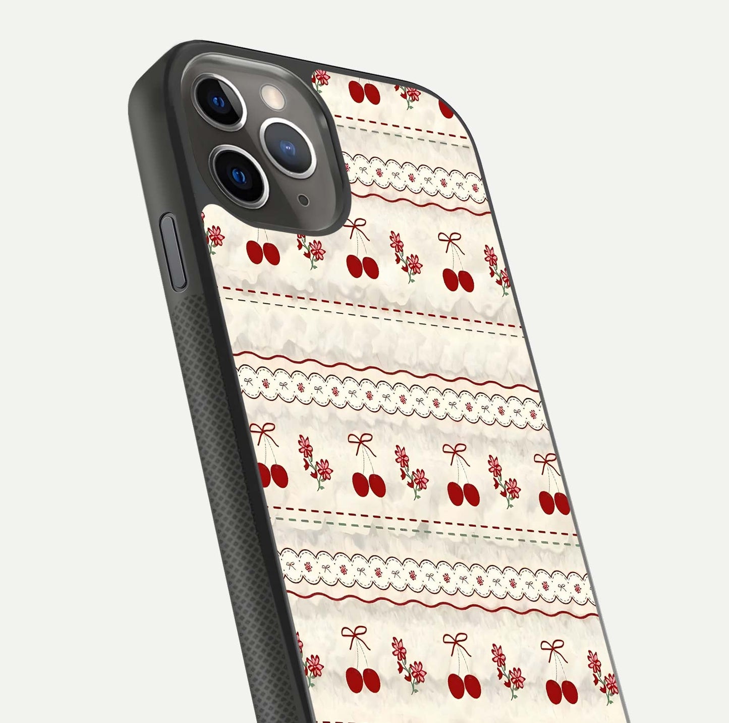 Cherry Bloom Charm Glass Case for iPhone 11 Pro Max side-angle photo showing flower detail and edge light