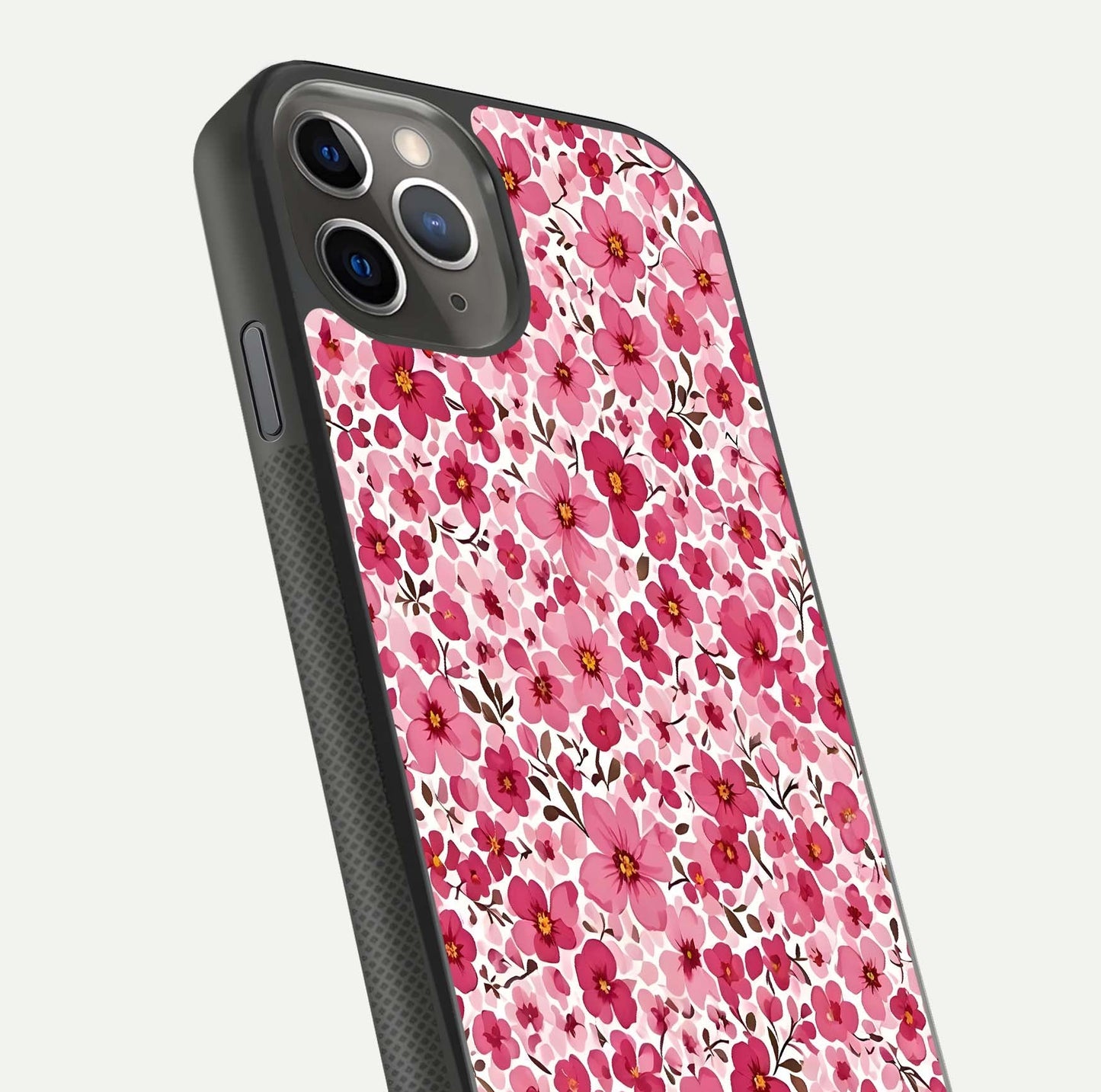 Cherry Blossom Charm Glass Case for iPhone 11 Pro Max side-angle image showing reflection gloss and soft texture