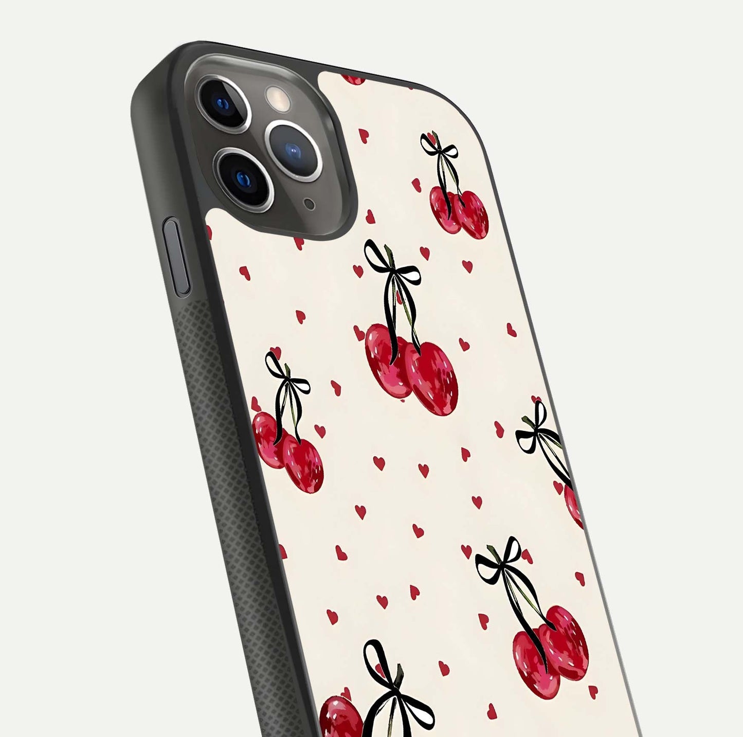Cherry Heart Bow Glass Case for iPhone 11 Pro Max side-angle image capturing gloss texture and charm bow art
