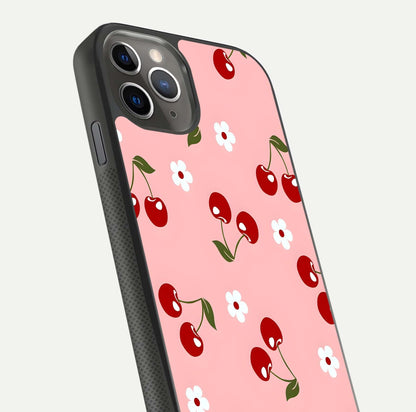 Cherry Love Mood Glass Case for iPhone 11 Pro Max side-angle image capturing smooth gloss and delicate details