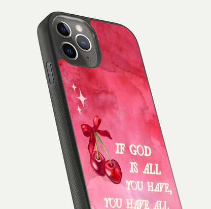 Cherry Quote Glass Case for iPhone 11 Pro Max side-angle image showing curve glow and glass detail
