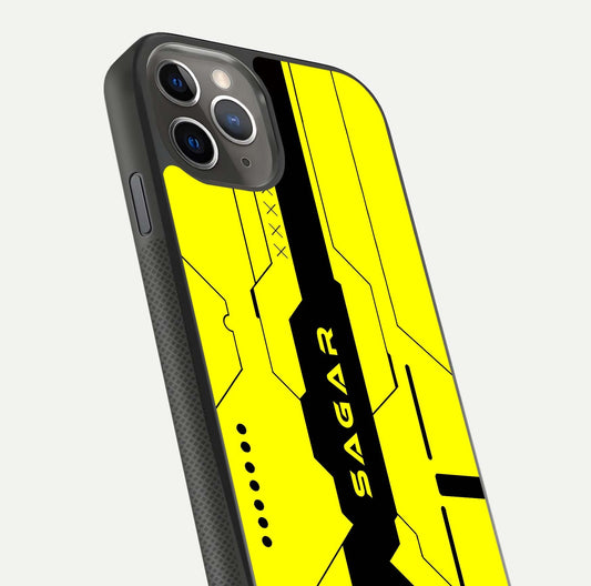 Circuit CYBERPUNK Custom Name Glass Case for iPhone 11 Pro Max side-angle image showing reflective finish and design precision