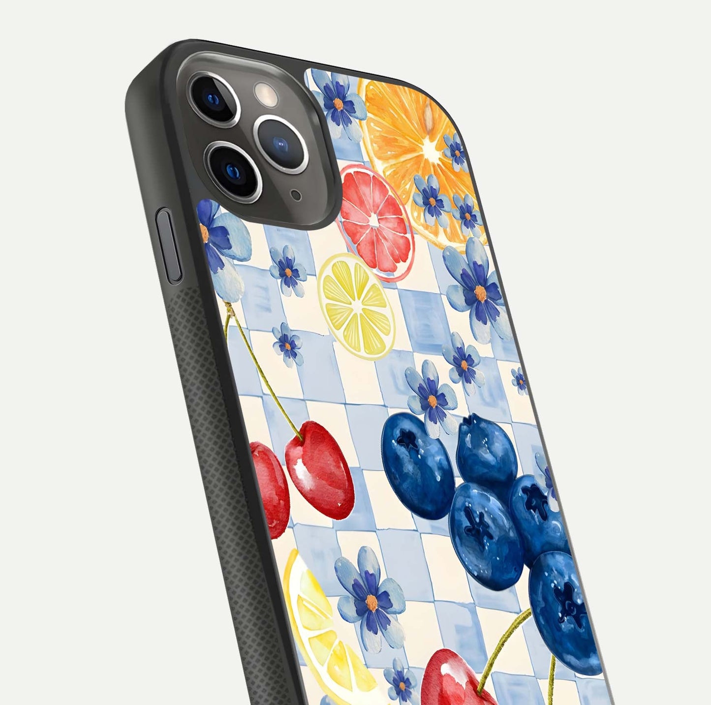 Citrus Bloom Joy Glass Case for iPhone 11 Pro Max side-angle photo capturing bright color and glass reflection