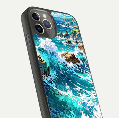 Coastal Blue Waves Glass Case for iPhone 11 Pro Max side-angle photo showing gloss texture and color depth