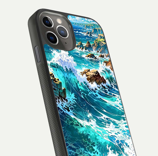 Coastal Blue Waves Glass Case for iPhone 11 Pro Max side-angle photo showing gloss texture and color depth