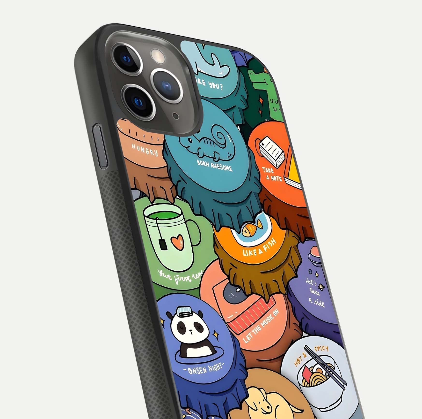 Coins Patterns Glass Case for iPhone 11 Pro Max side-angle photo capturing shine finish and curve glow