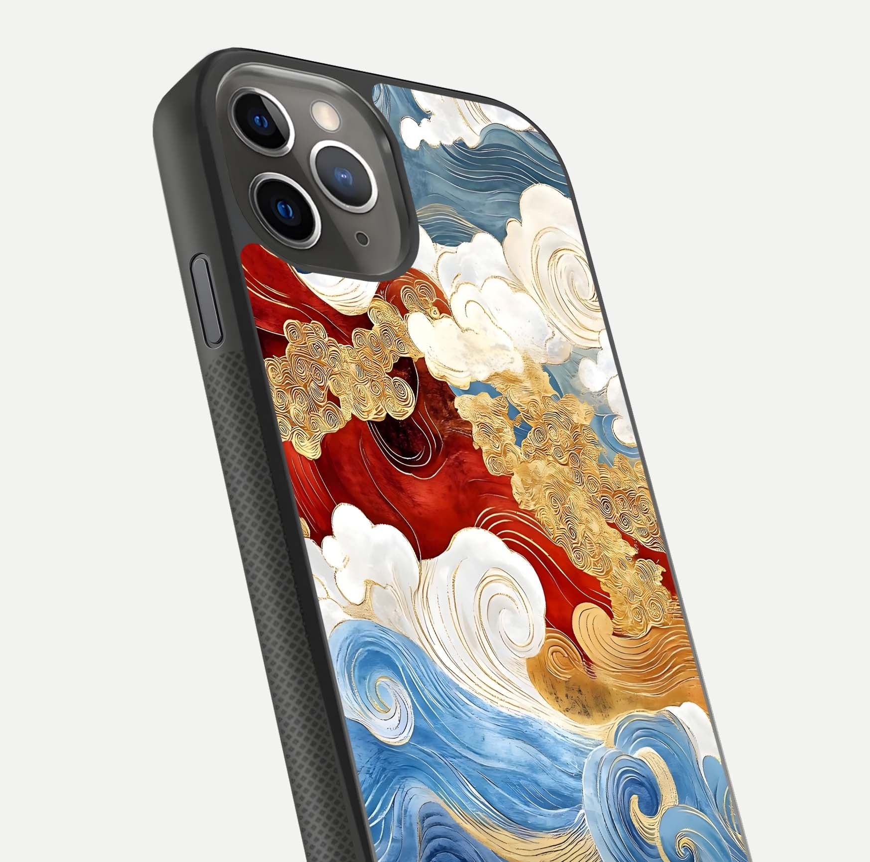 Colored Waves Glass Case for iPhone 11 Pro Max side-angle image showing light reflection, edge design, and shine
