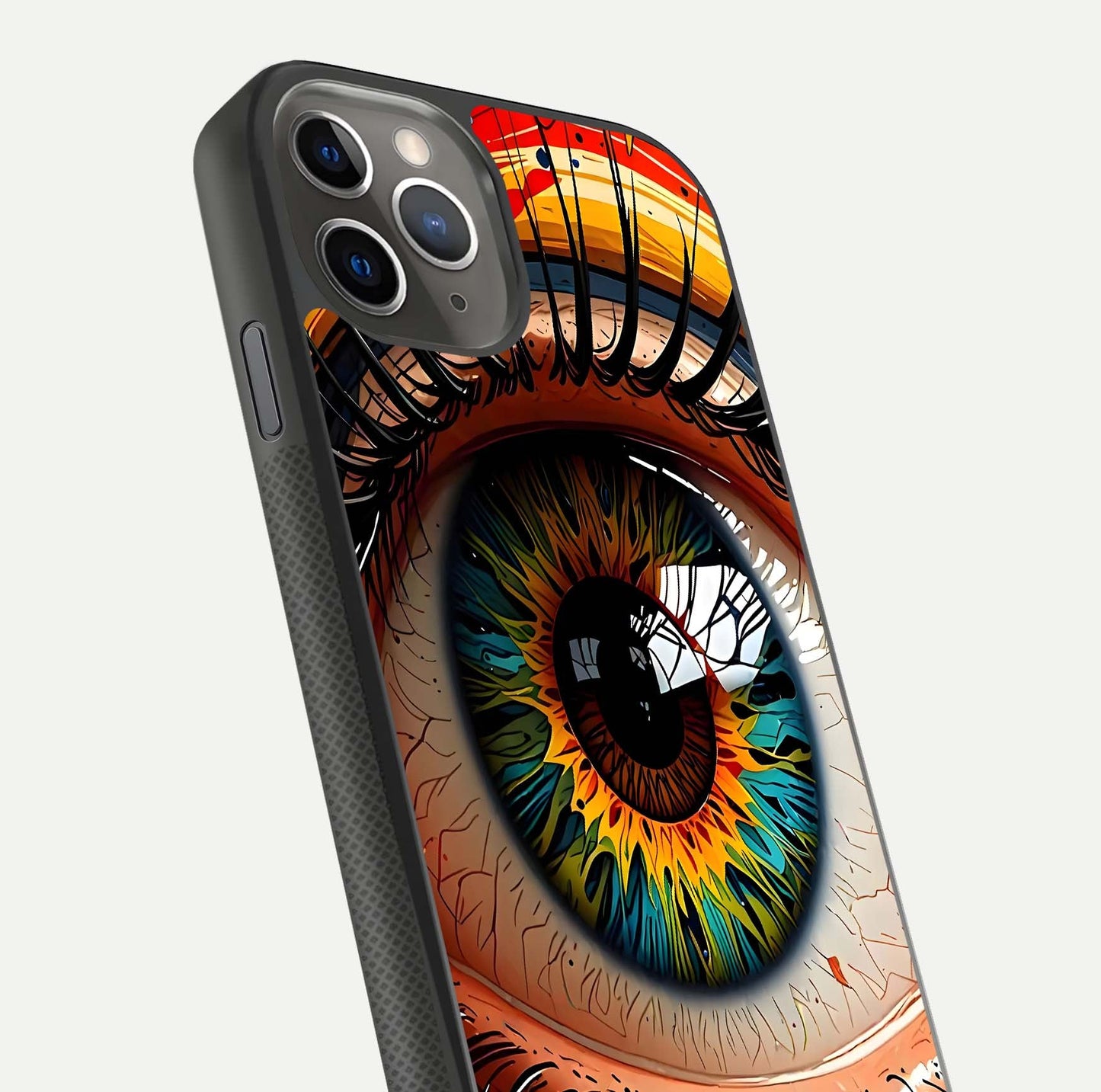 Colorful Eye Glass Case for iPhone 11 Pro Max side-angle photo showing reflective surface and design detail