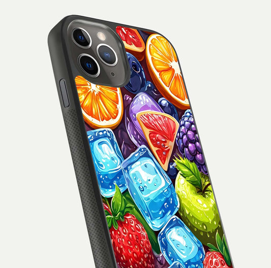 Colorful Fruits with Ice Glass Case for iPhone 11 Pro Max side-angle photo showing curve gloss and vivid tones