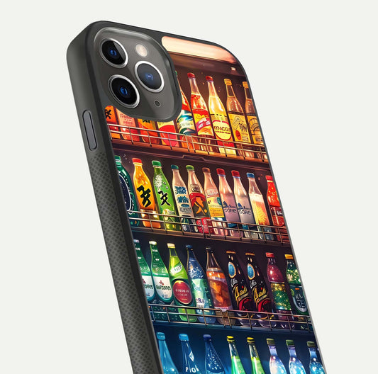 Colorful Soda Bottles Glass Case for iPhone 11 Pro Max side-angle photo showing polish shine and texture depth