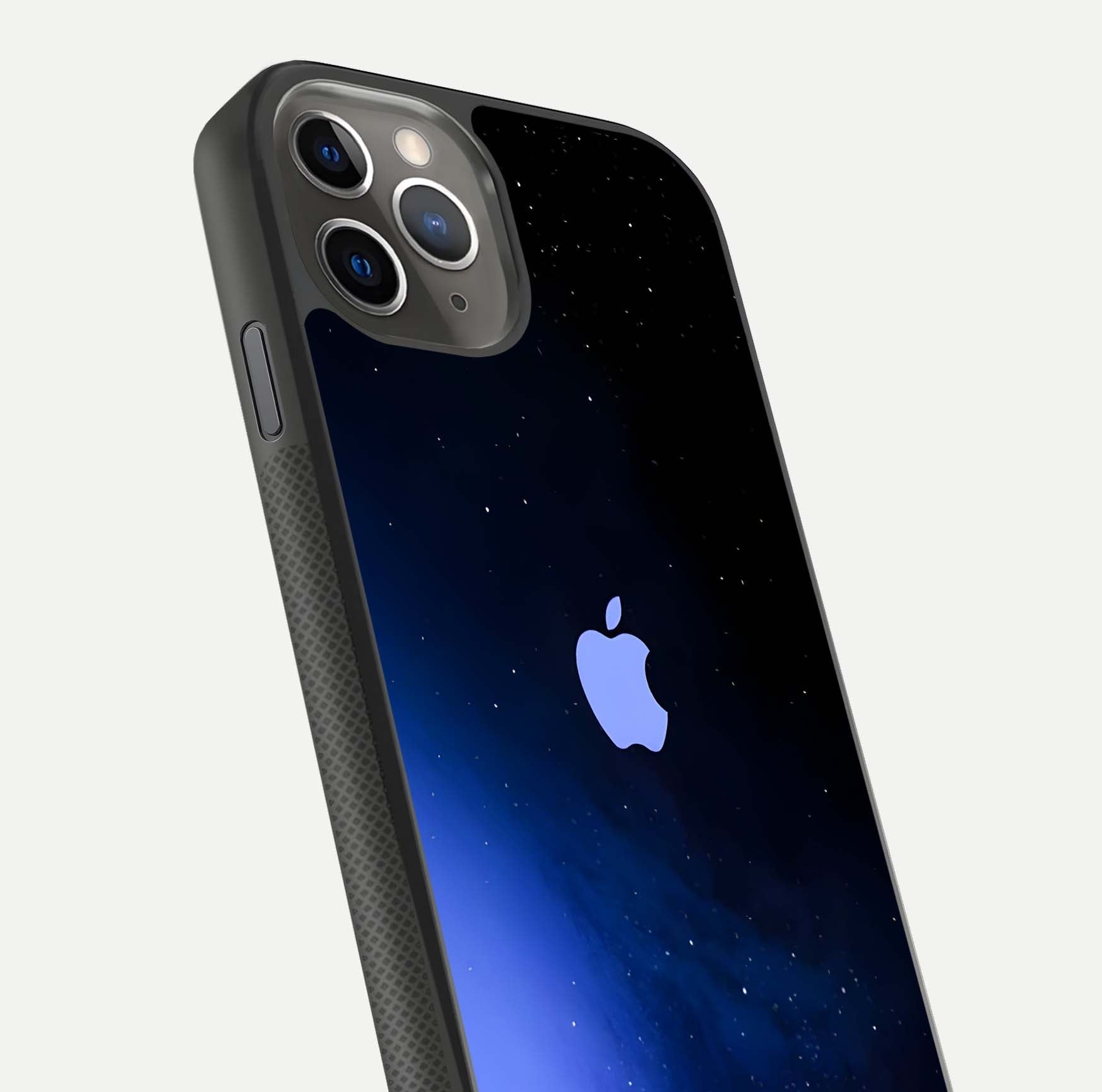 Cosmic Blue Apple Glass Case for iPhone 11 Pro Max side-angle image showing curve polish and star detail