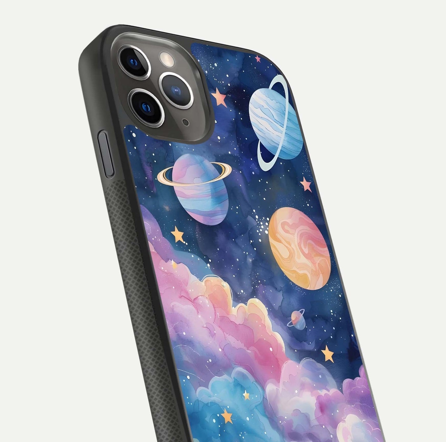 Cosmic Planet Dreams Glass Case for iPhone 11 Pro Max side-angle image showing texture clarity and shine