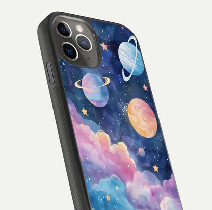 Cosmic Planet Dreams Glass Case for iPhone 11 Pro Max side-angle image showing texture clarity and shine