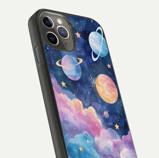 Cosmic Planet Dreams Glass Case for iPhone 11 Pro Max side-angle image showing texture clarity and shine