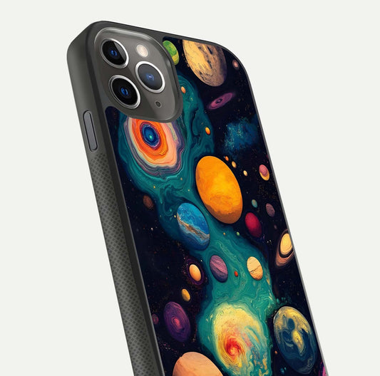 Cosmic Planet Journey Glass Case for iPhone 11 Pro Max side-angle image capturing smooth gloss and reflective edges