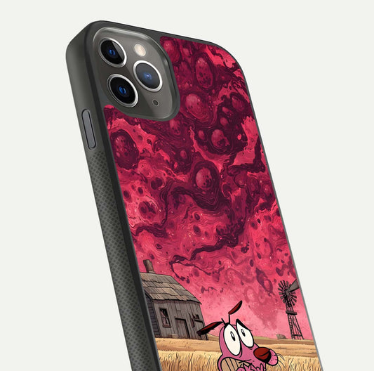 Courage Under Sky Glass Case for iPhone 11 Pro Max side-angle photo showing gloss tone and curve highlight