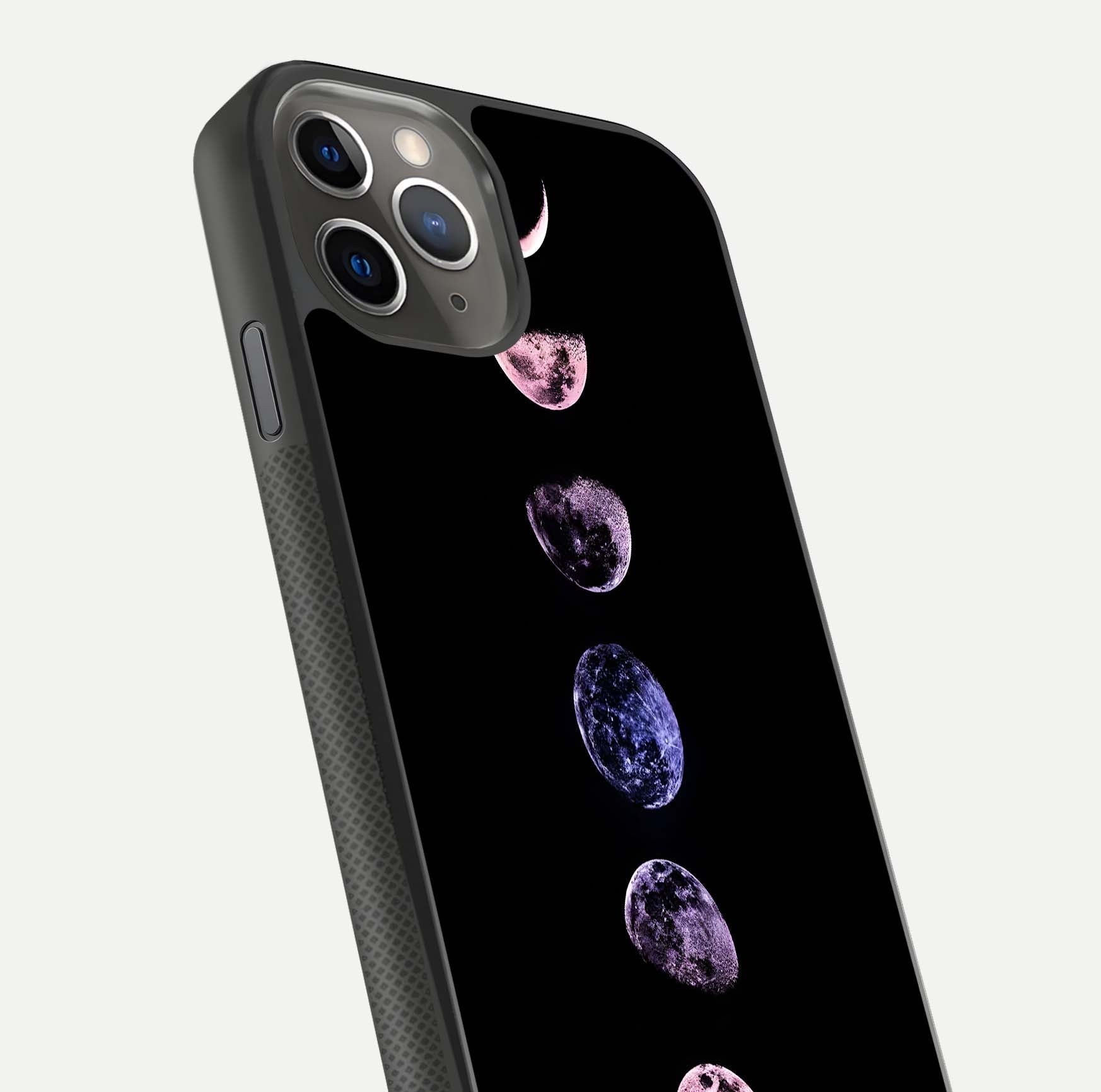 Crimson All Planets Glass Case for iPhone 11 Pro Max side-angle photo capturing edge glow and glass reflection