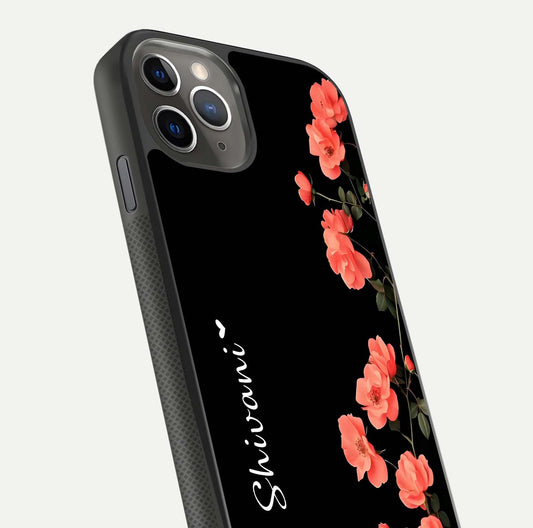 Crimson Bloom Grace Custom Name Glass Case for iPhone 11 Pro Max side-angle photo capturing edge glow and name clarity