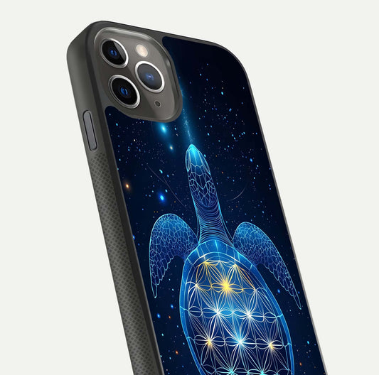 Crimson Blue Turtle Glass Case for iPhone 11 Pro Max side-angle photo showing curved edge and glass gloss