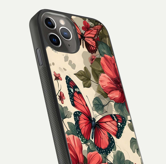 Crimson Butterfly Garden Glass Case for iPhone 11 Pro Max side-angle photo capturing gloss texture and soft tone