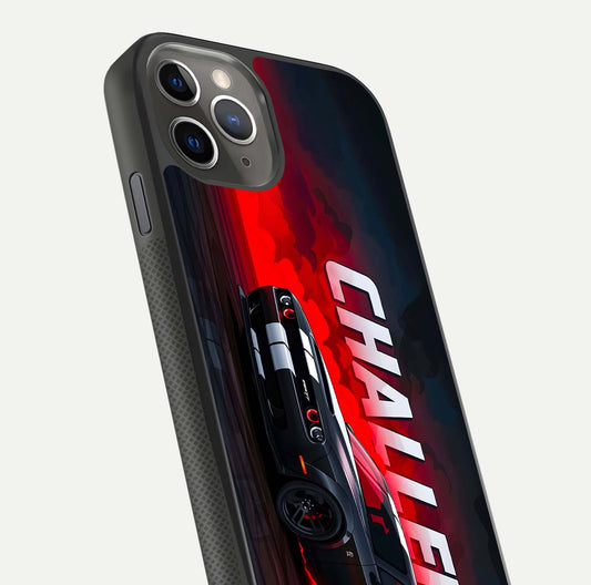 Crimson Challenger Fury Glass Case for iPhone 11 Pro Max side-angle image showing curve reflection and red finish