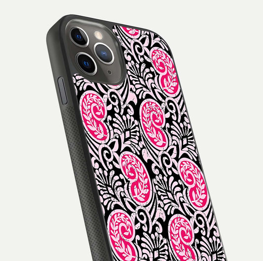 Crimson Paisley Charm Glass Case for iPhone 11 Pro Max side-angle image showing reflection and smooth edges