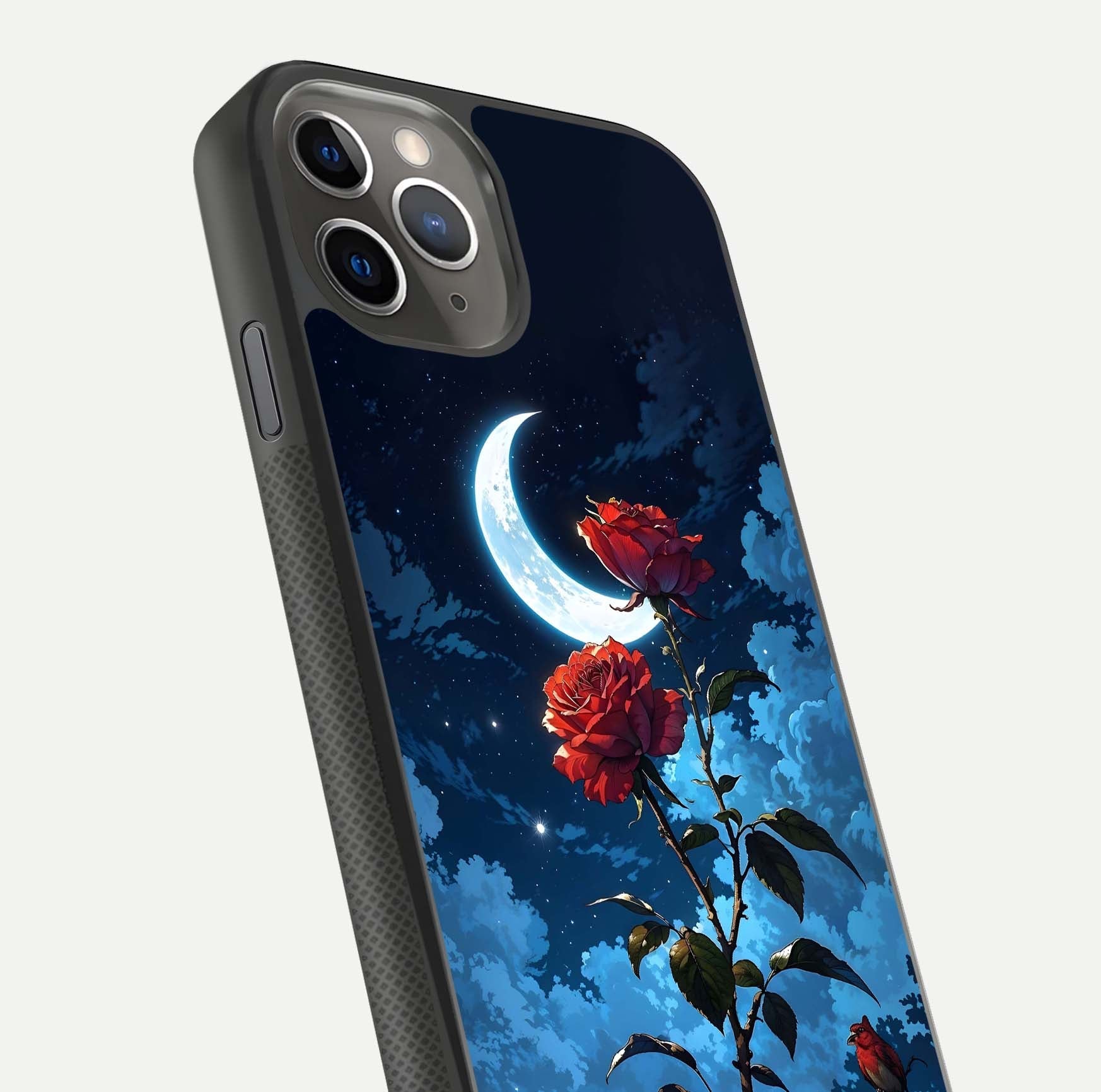 Crimson Rose Moon Glass Case for iPhone 11 Pro Max side-angle photo showing reflective texture and smooth curve