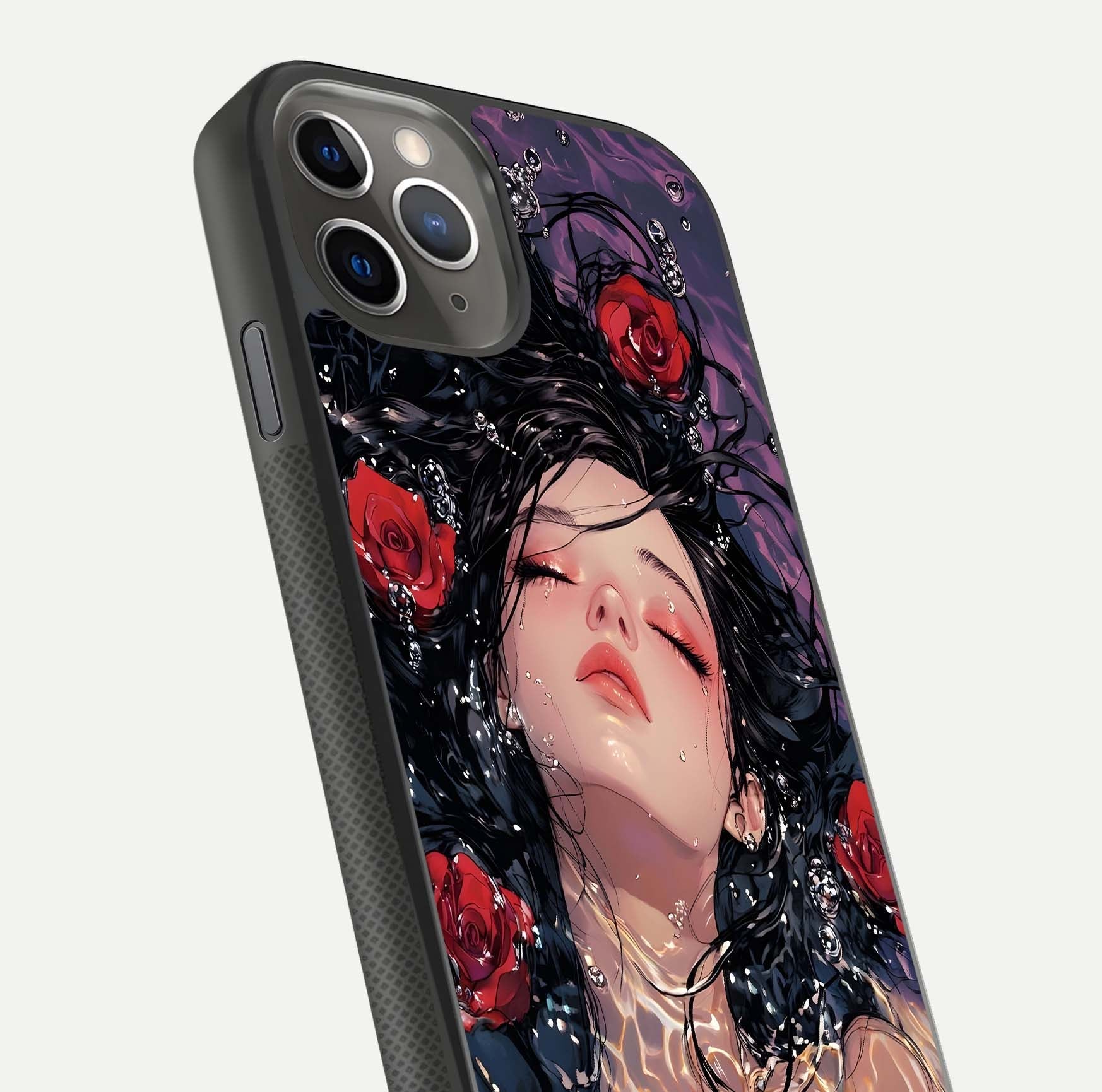 Crimson Rose Serenity Glass Case for iPhone 11 Pro Max side-angle photo showing glass reflection and soft edges