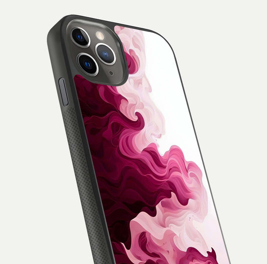Crimson Wave Flow Glass Case for iPhone 11 Pro Max side-angle photo showing reflection glow and HD finish