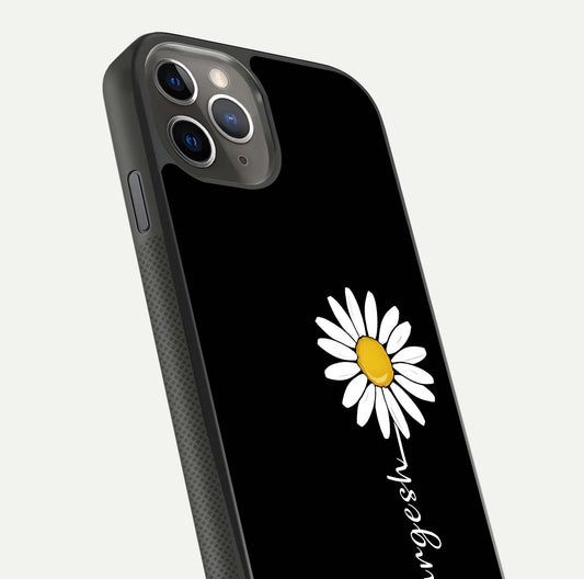 Custom Name White Flower Glass Case for iPhone 11 Pro Max side-angle photo showing reflection shine and name clarity