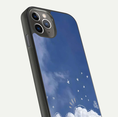Cute Blossom Cloud Glass Case for iPhone 11 Pro Max side-angle image capturing gloss texture and curve reflection