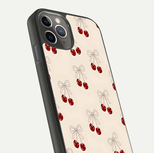 Cute Cherry Pattern Glass Case for iPhone 11 Pro Max side-angle photo highlighting gloss curve and pattern clarity