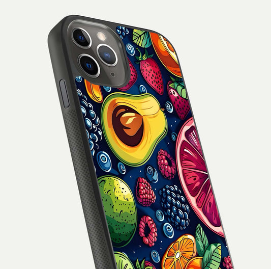 Cute Fruits Art Glass Case for iPhone 11 Pro Max side-angle photo showing reflective finish and smooth edges