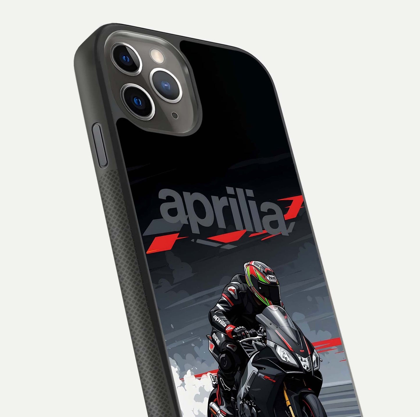 Dark Aprilla Glass Case for iPhone 11 Pro Max side-angle photo showing reflection gloss and curved edge finish