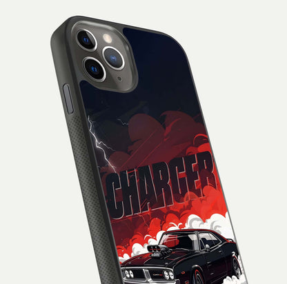 Dark Charger Fury Glass Case for iPhone 11 Pro Max side-angle image showing edge gloss and bold tone