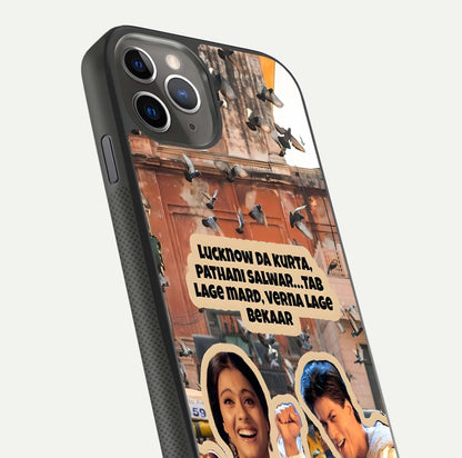 Desi Retro Vibes Glass Case for iPhone 11 Pro Max side-angle image displaying gloss texture and bold pattern