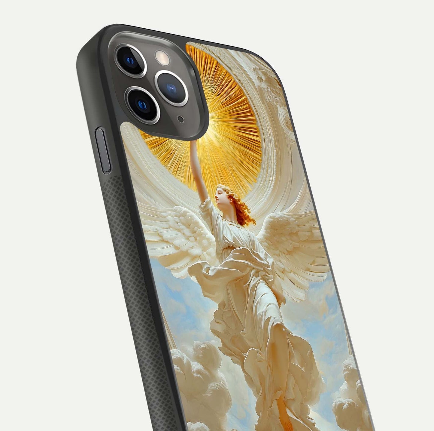 Divine Light Angel Glass Case for iPhone 11 Pro Max side-angle image capturing reflection shine and edge finish