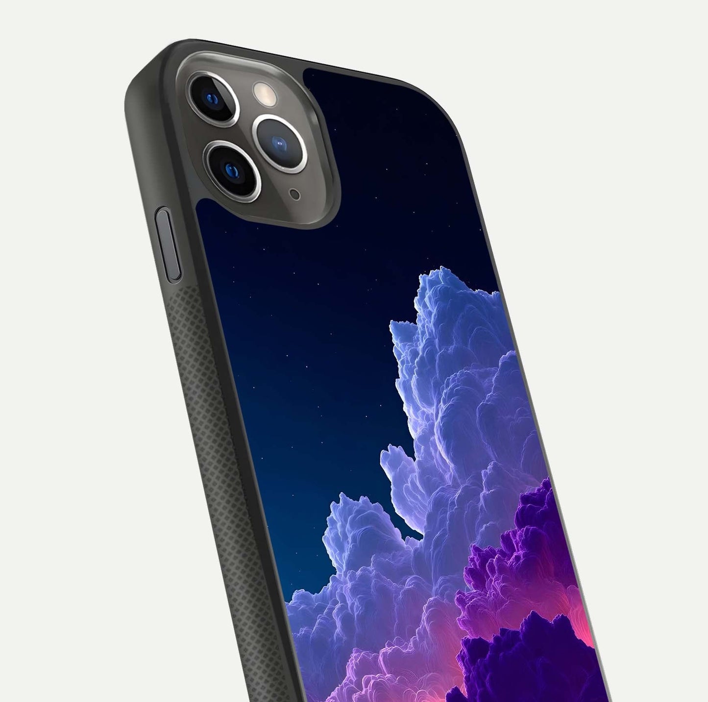 Dreamy Cloud Skies Glass Case for iPhone 11 Pro Max side-angle image showing reflection clarity and polish