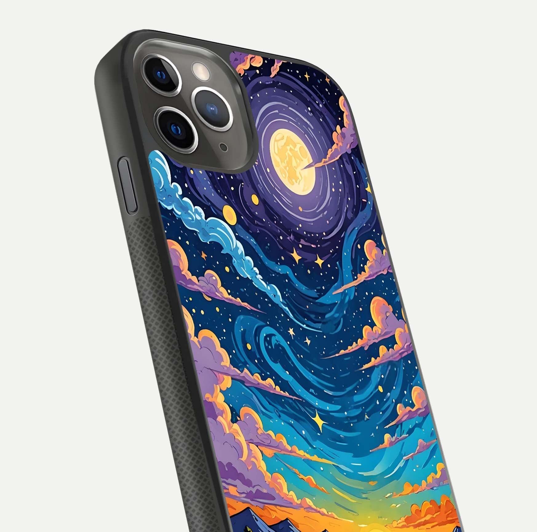 Dreamy Night Landscape Glass Case for iPhone 11 Pro Max side-angle photo capturing reflection glow and edge detail